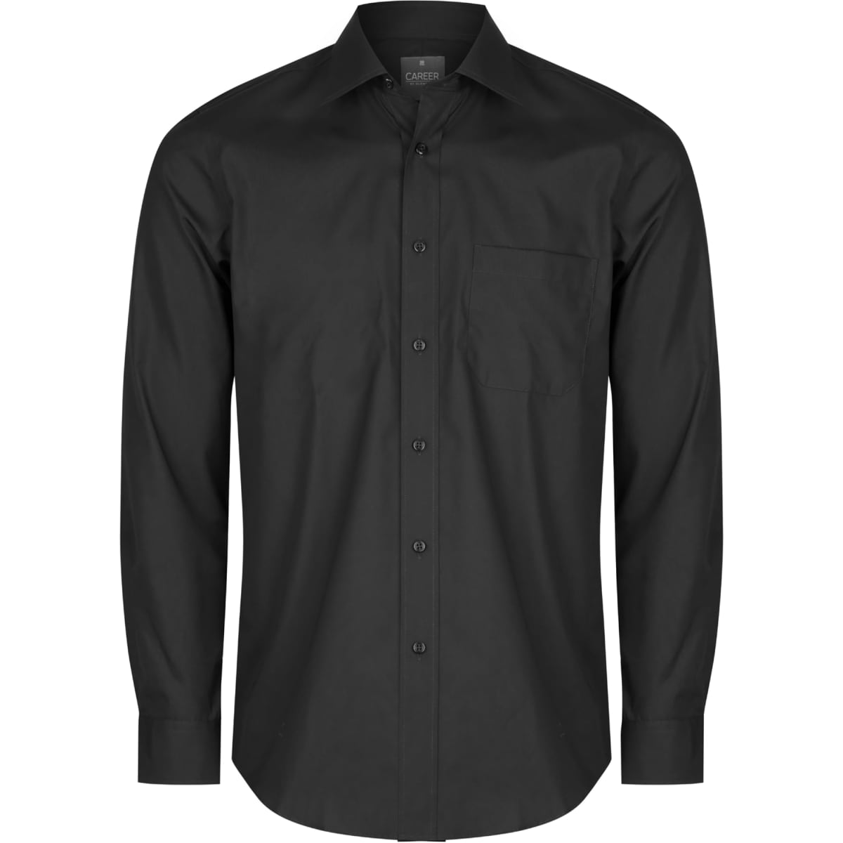A black button-up shirt with long sleeves and a single chest pocket, featuring a logo.