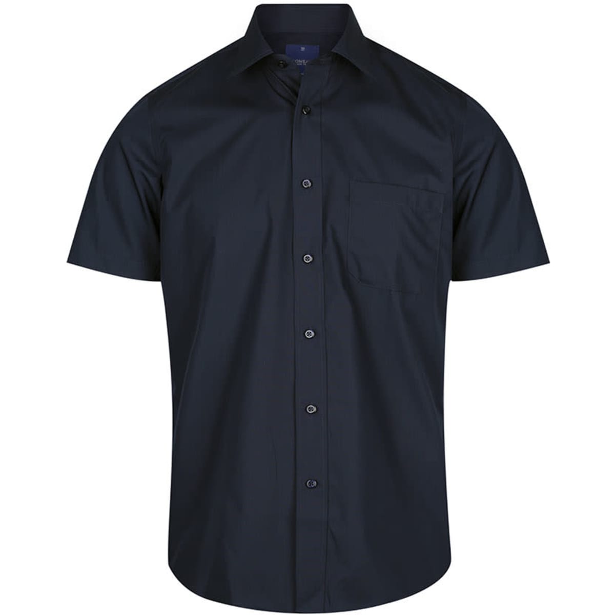 A navy blue button-up shirt with short sleeves and a chest pocket. It features a front button closure and a logo.