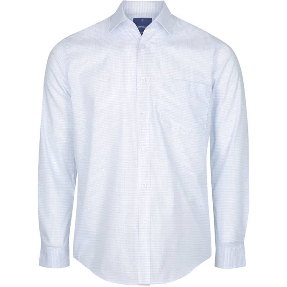 A button-up shirt featuring a light blue mini check pattern and a single chest pocket, with a branded label.