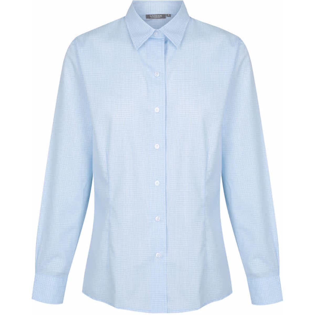 A light blue button-up shirt featuring a mini check pattern and long sleeves, with a collar and buttons down the front.