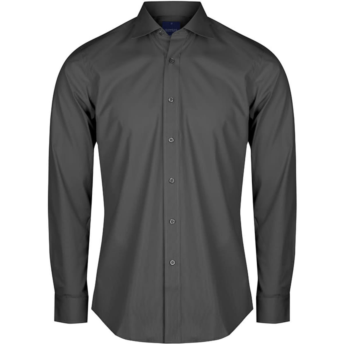 A dark grey button-up shirt with long sleeves and a collar, featuring a subtle logo.