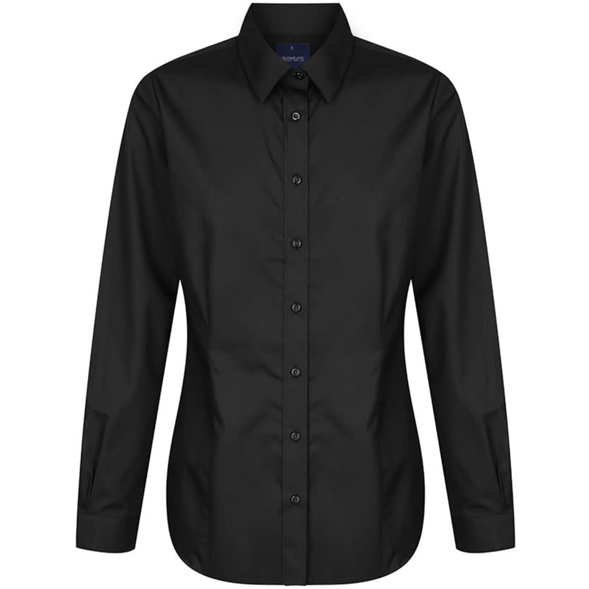 A black button-up shirt with long sleeves and a pointed collar. The shirt features a logo on the chest area.