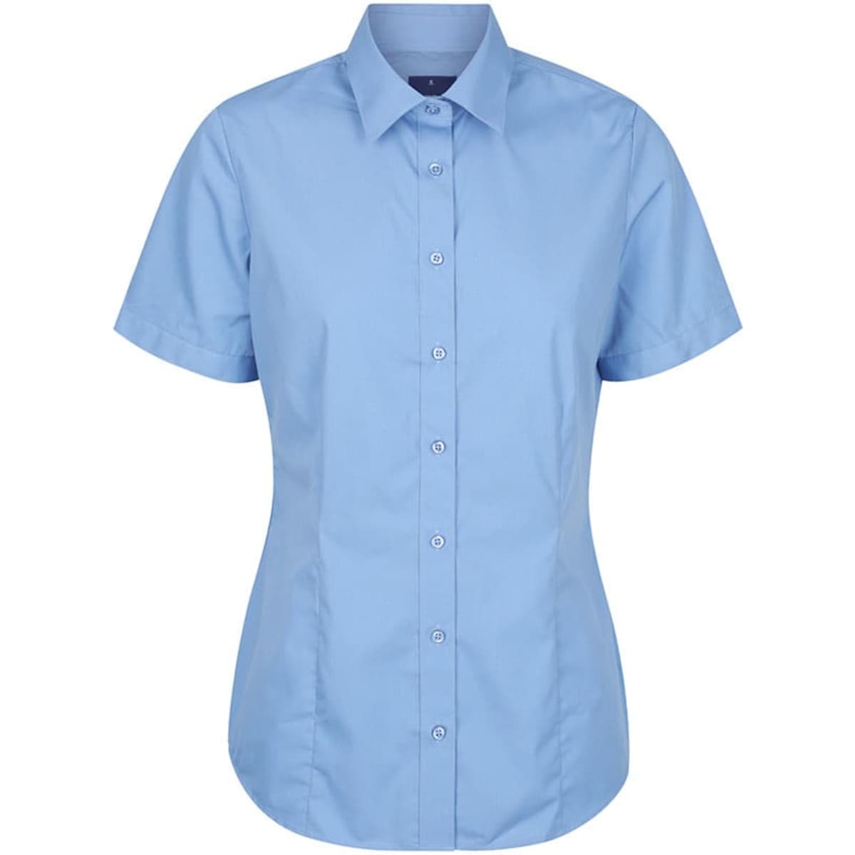 A short-sleeve button-up shirt in light blue with a collar and a front button placket, featuring a logo.