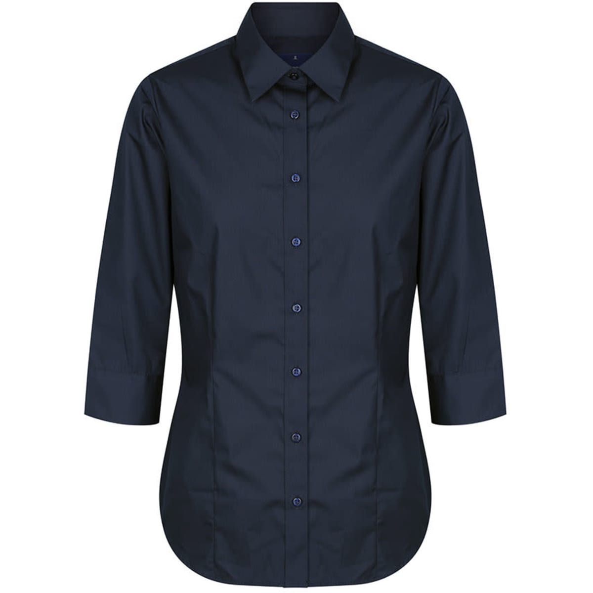 A navy blue button-up shirt with three-quarter sleeves and a collar, featuring a logo.