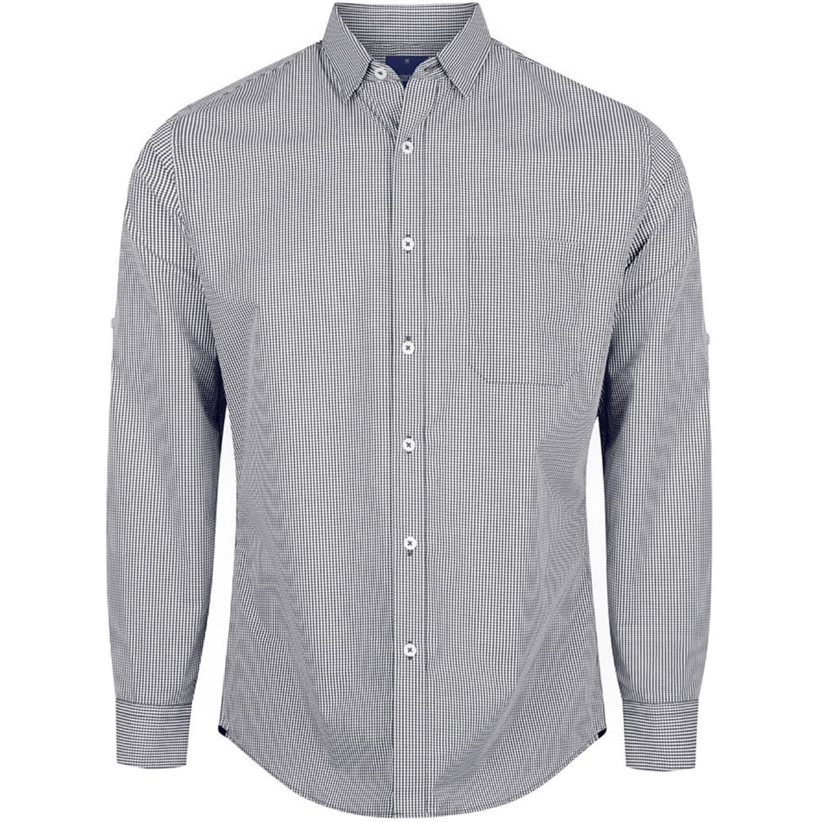 A button-up shirt featuring a black and white gingham pattern with long sleeves and a single chest pocket.