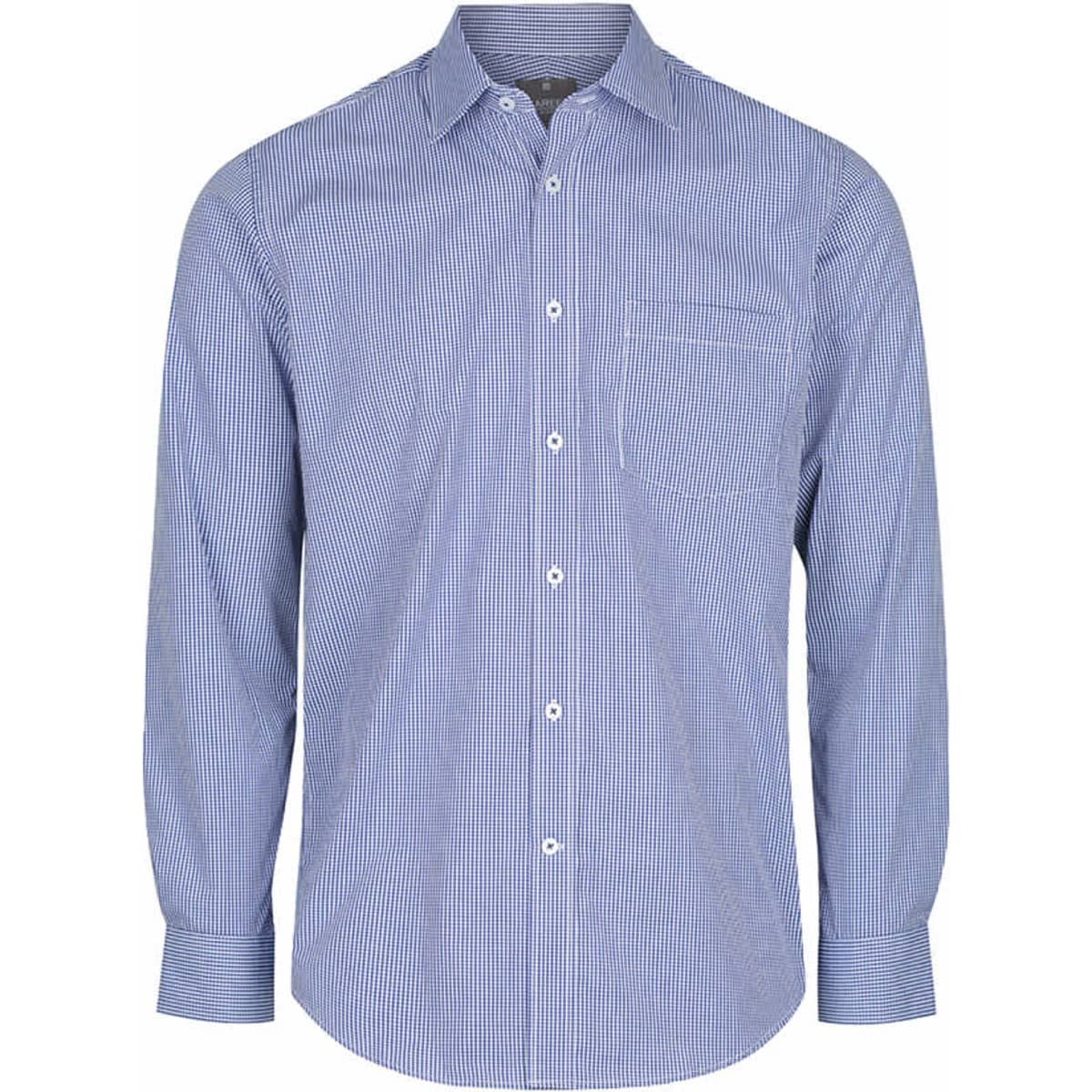 A blue and white checked button-up shirt with long sleeves and a chest pocket, featuring a logo.