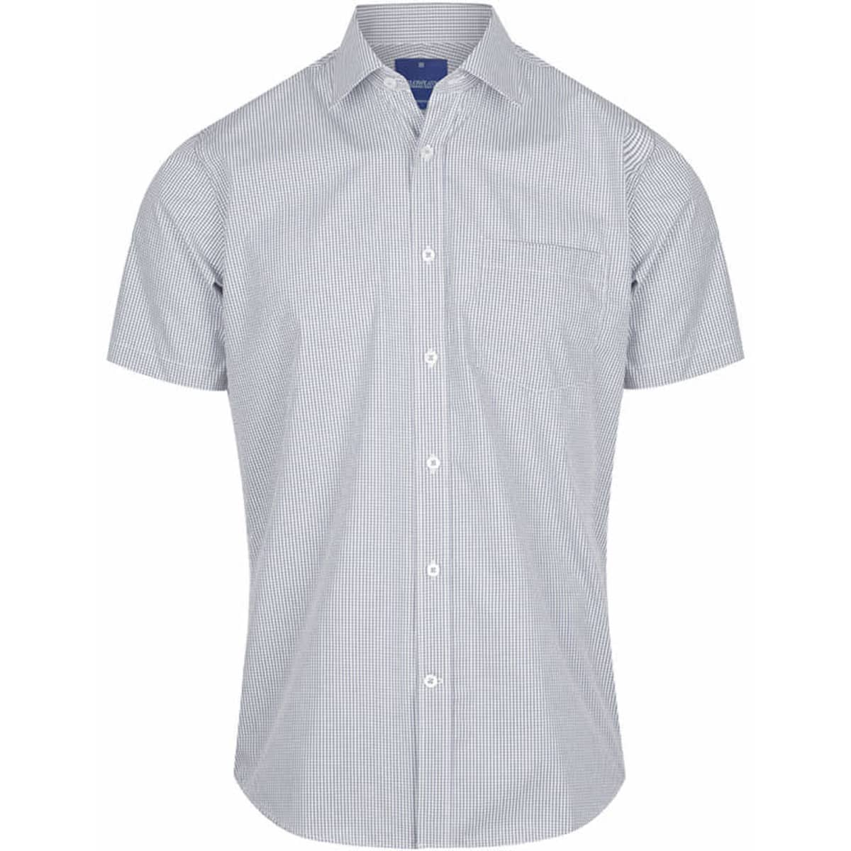 A button-up shirt featuring a blue and white gingham pattern, with a single chest pocket and a classic collar.