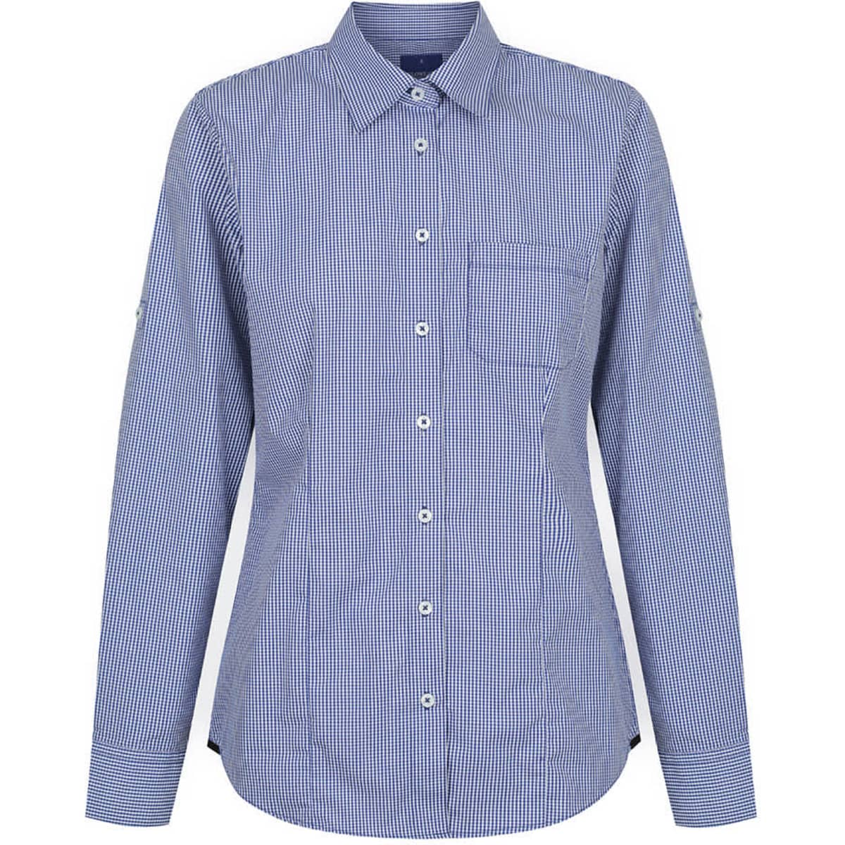 A button-up shirt in blue and white gingham pattern with a chest pocket and long sleeves. Features a logo.