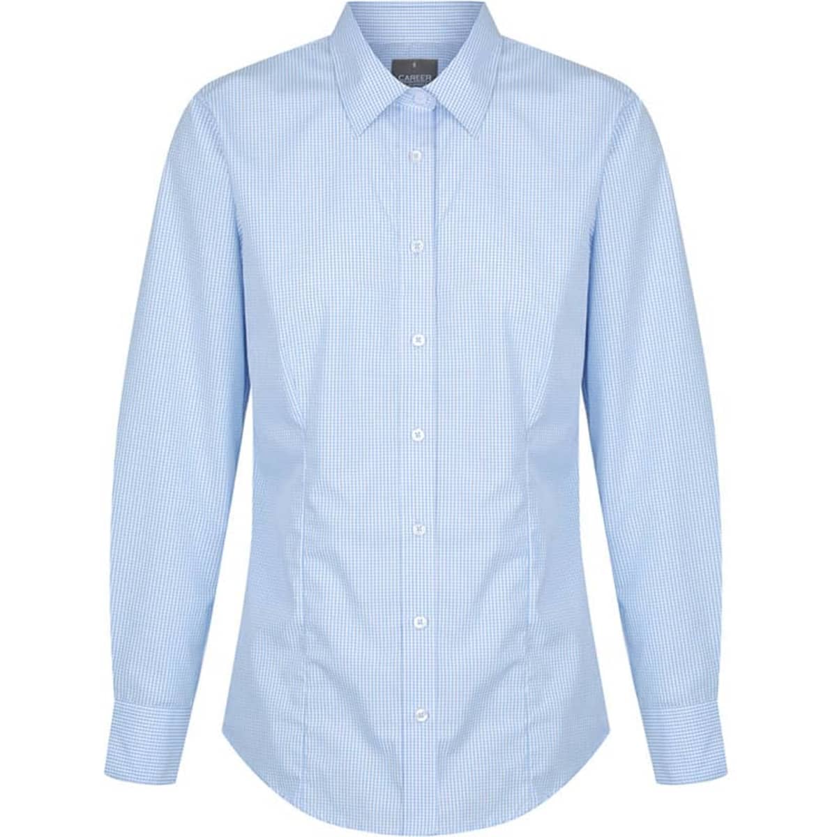 A light blue gingham button-up shirt with long sleeves and a collar, featuring a logo on the chest.