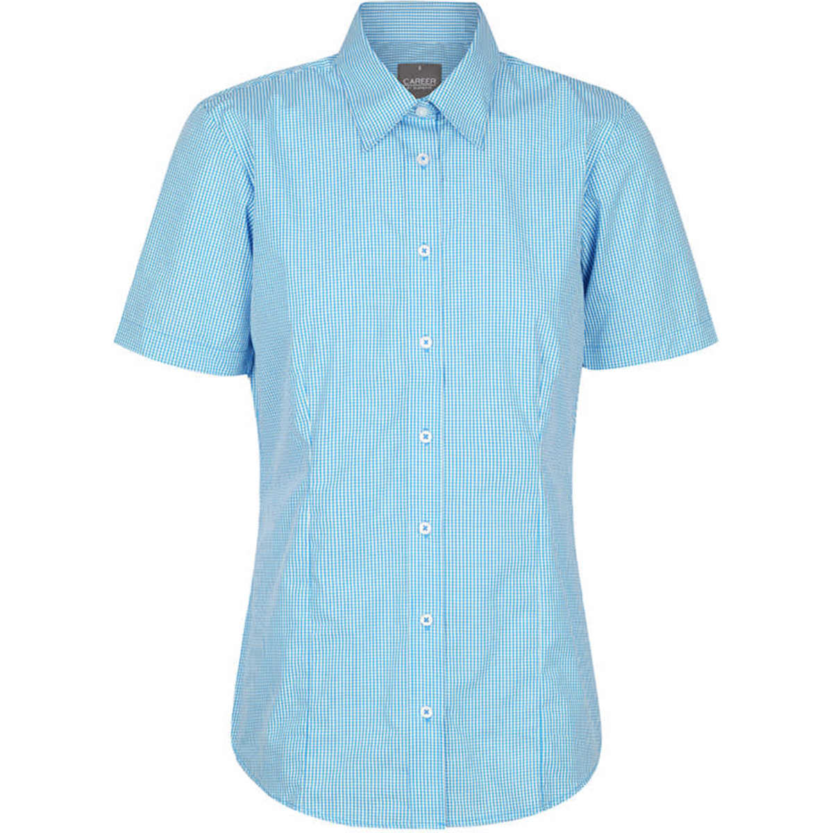A short-sleeved button-up shirt in a light blue gingham pattern, featuring a collar and a logo.