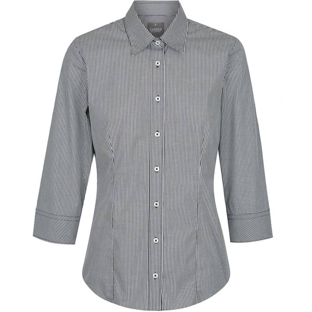 A button-up shirt in black and white gingham pattern with long sleeves and a collar, featuring a logo.
