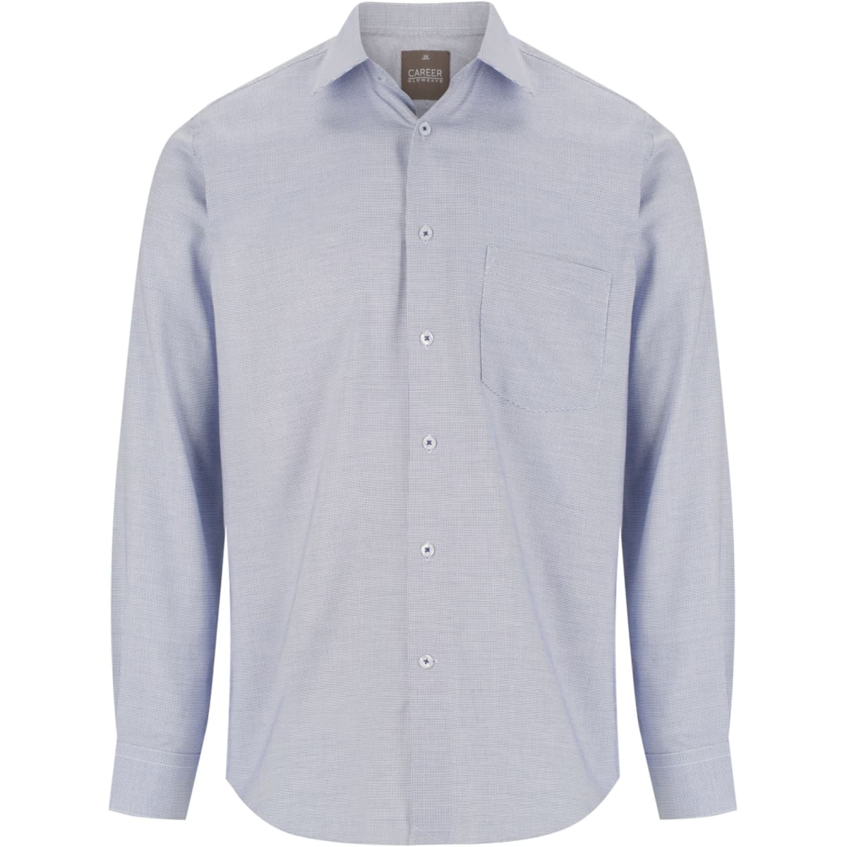 A light blue button-up shirt with long sleeves and a chest pocket, featuring a branding logo.
