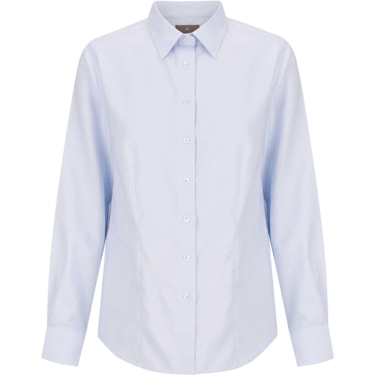 A light blue button-up shirt featuring long sleeves, a collar, and a logo.