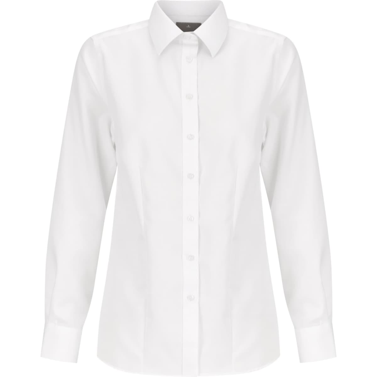 A white button-up women's shirt with long sleeves and a collar, featuring a logo.
