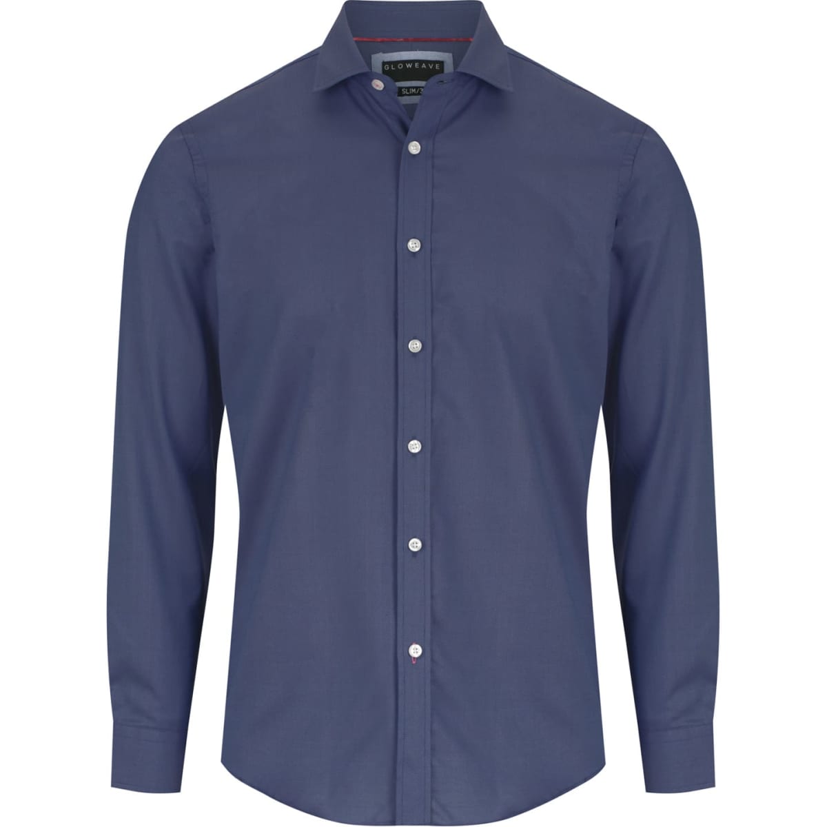 A navy blue button-up shirt with a classic collar and long sleeves, featuring a logo.