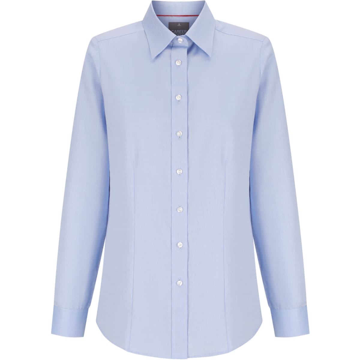 Light blue button-up shirt with a collar and long sleeves, featuring a logo on the chest.