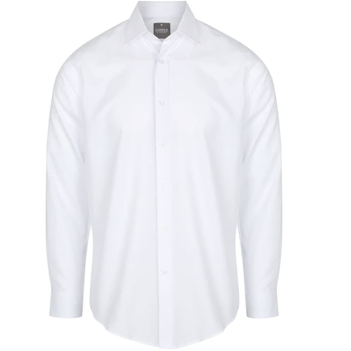 A white button-up shirt with long sleeves and a branded collar.