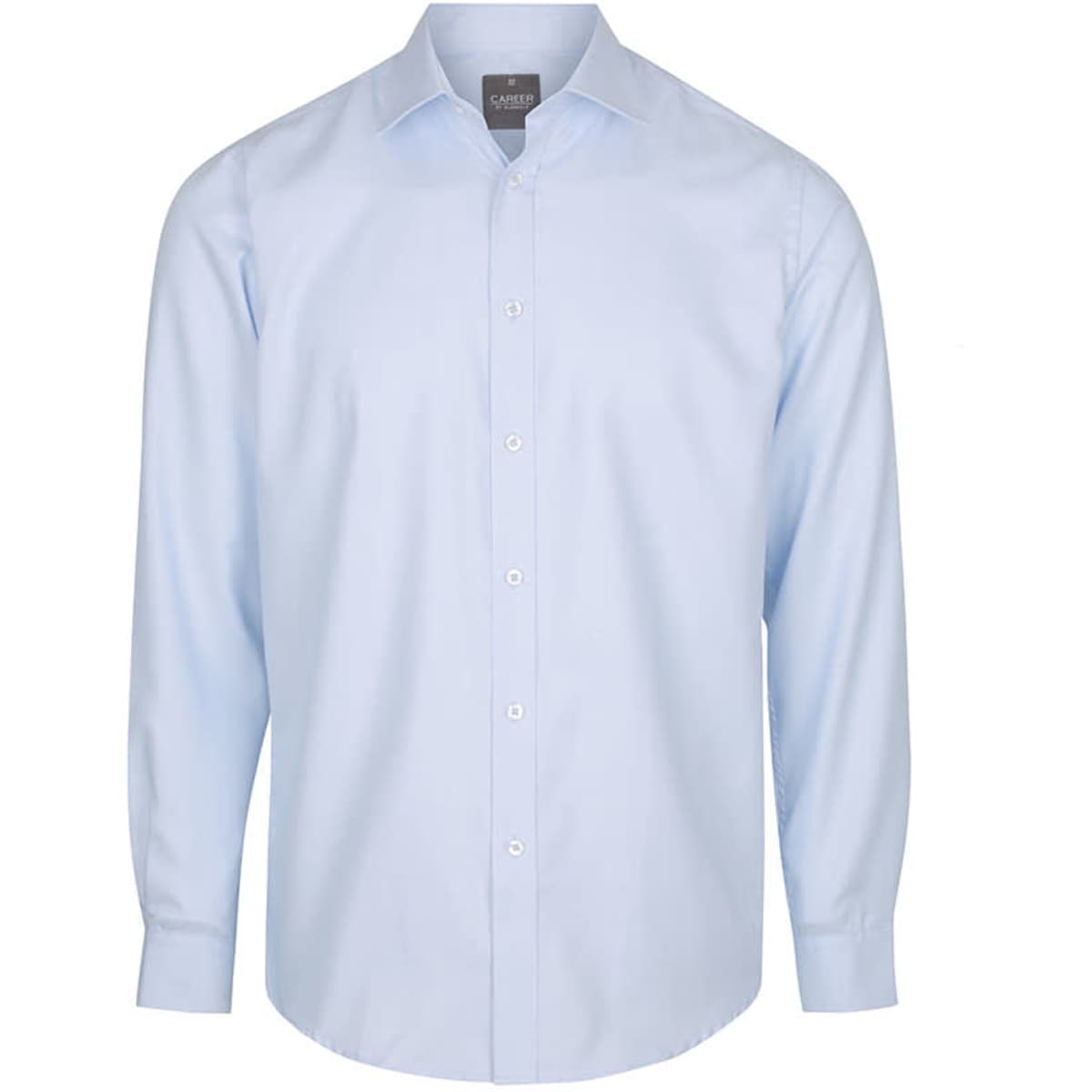 A light blue button-up shirt with long sleeves and a collar, featuring a logo on the label.