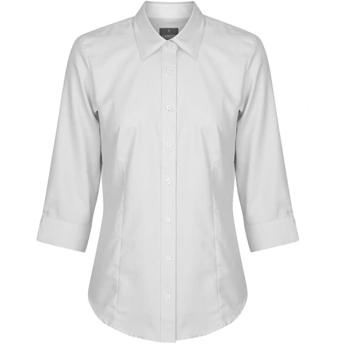 A button-up shirt in light grey with three-quarter sleeves and a classic collar, featuring a logo.