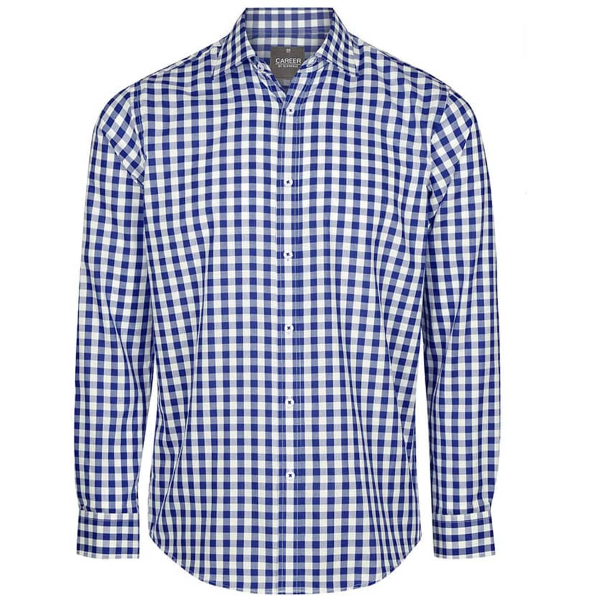 A button-up shirt featuring a blue and white check pattern, long sleeves, and a classic collar.