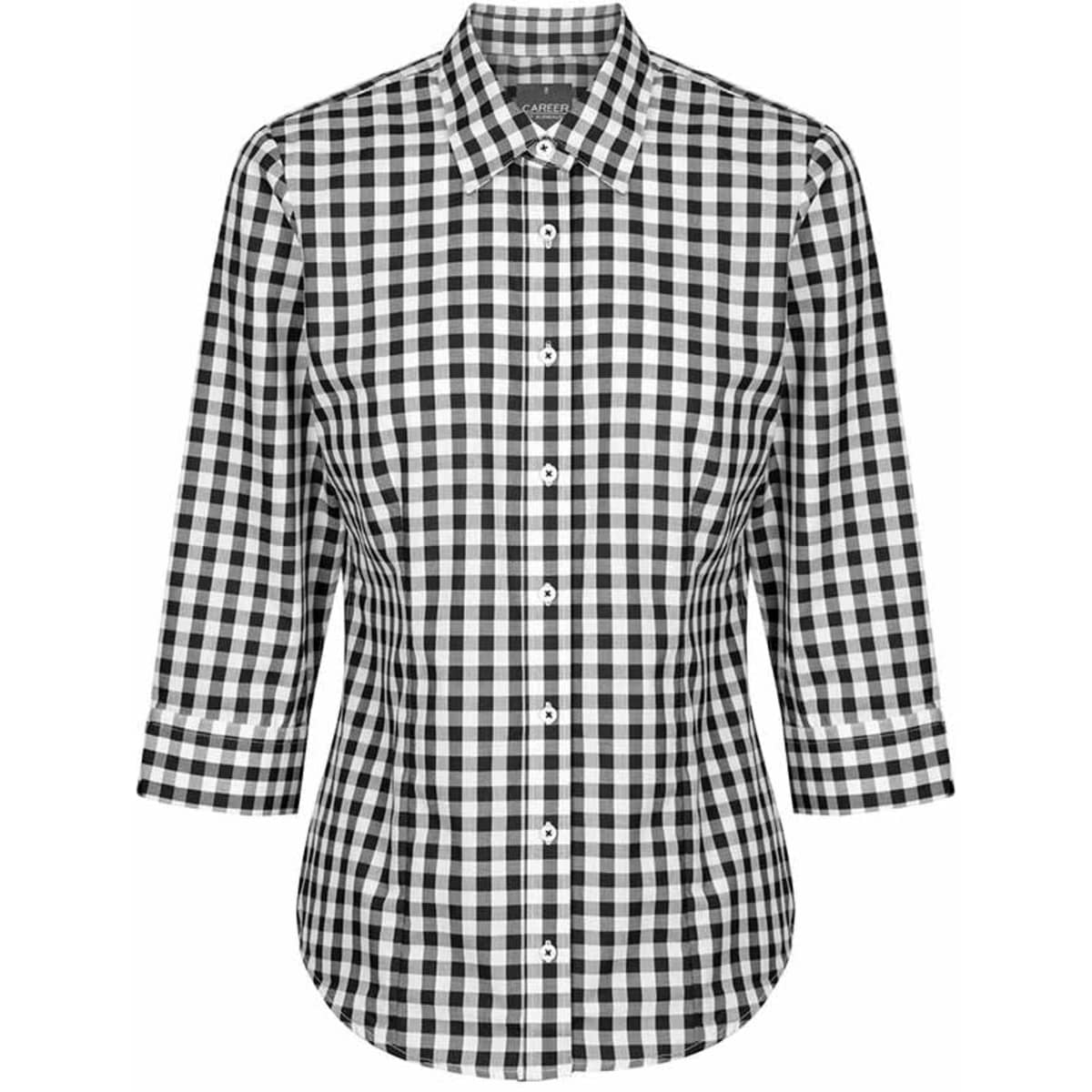 A black and white checkered button-up shirt with three-quarter sleeves and a collar. It features a logo on the inside.