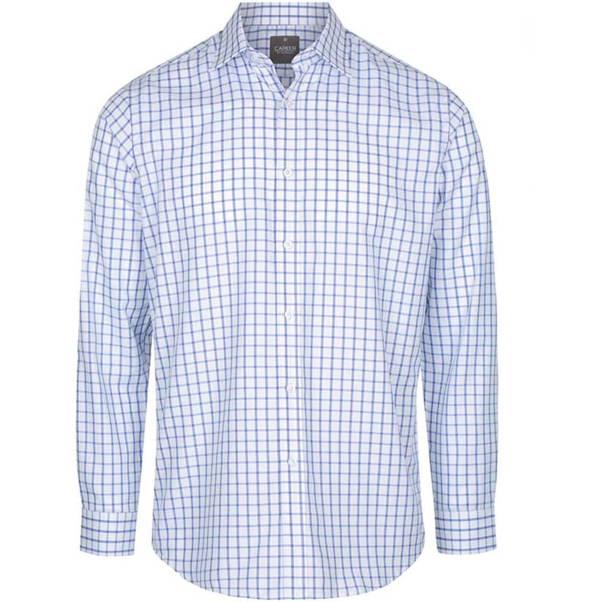 A button-up shirt featuring a blue and white check pattern, with long sleeves and a collar.