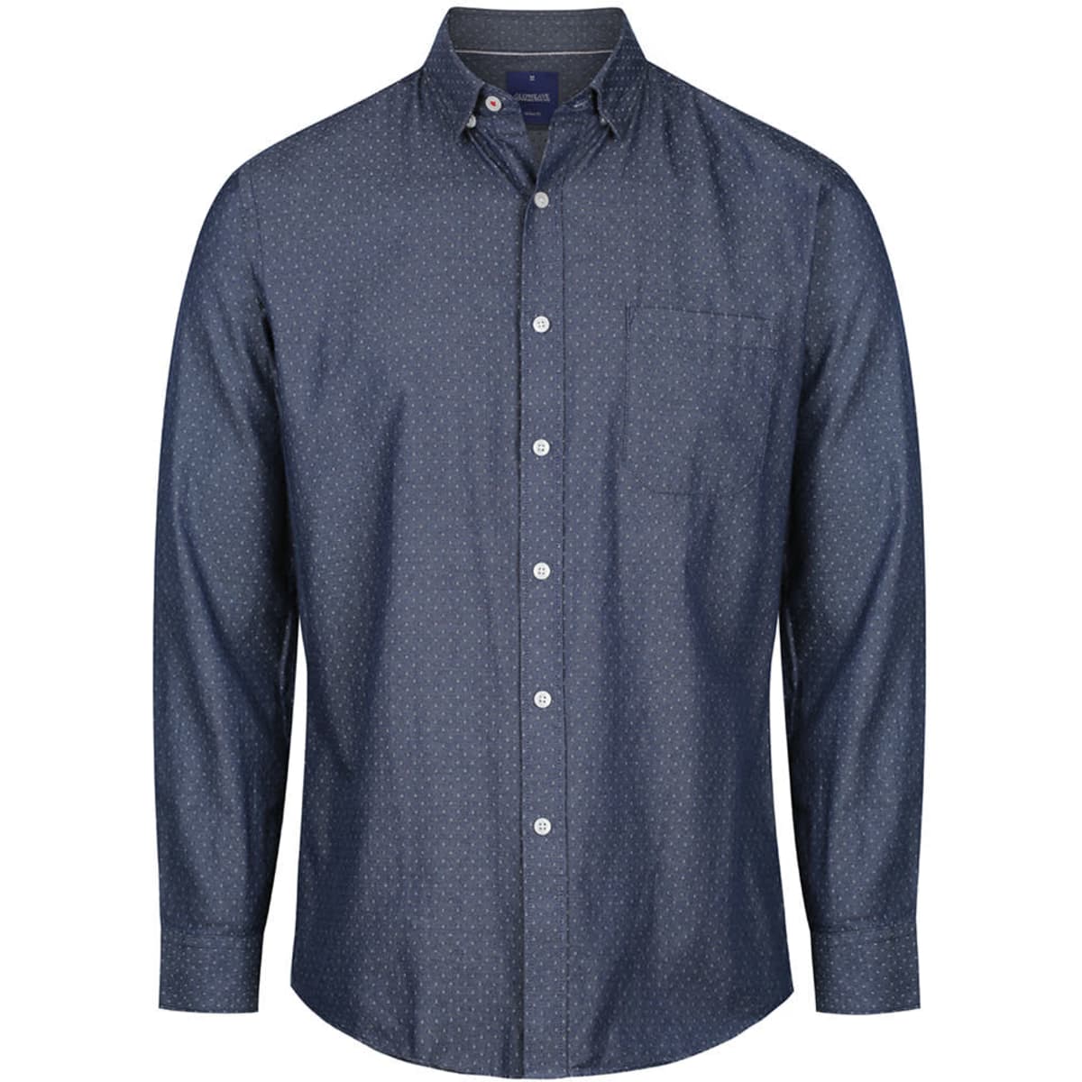 A button-up shirt in dark blue chambray with a subtle pattern and a chest pocket. It features a collar and long sleeves.