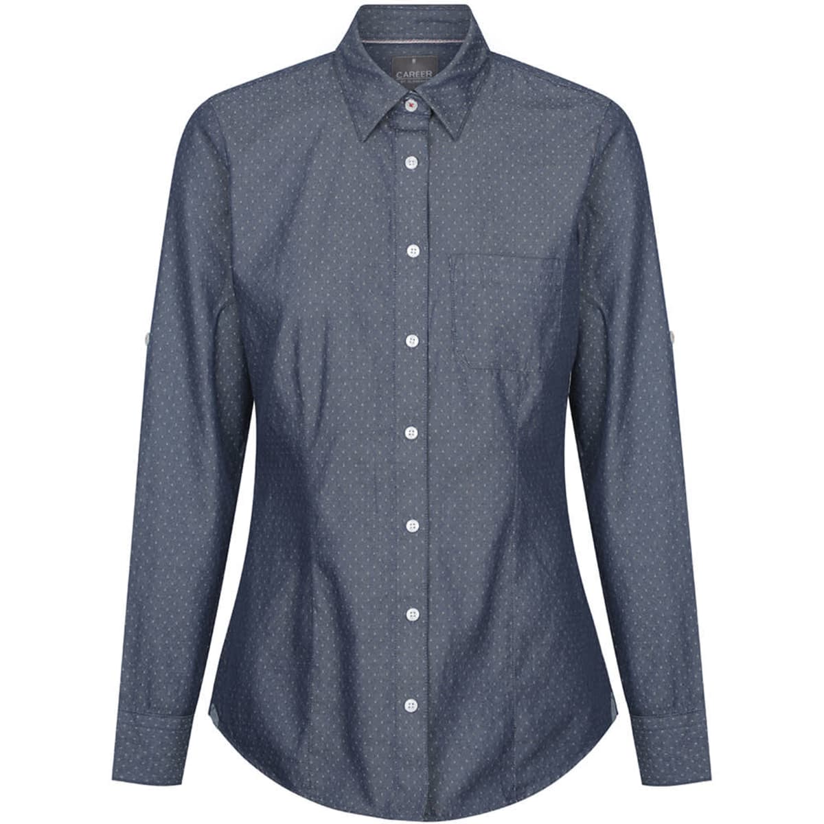 A button-up shirt in navy chambray with a subtle pattern, featuring long sleeves and a chest pocket.
