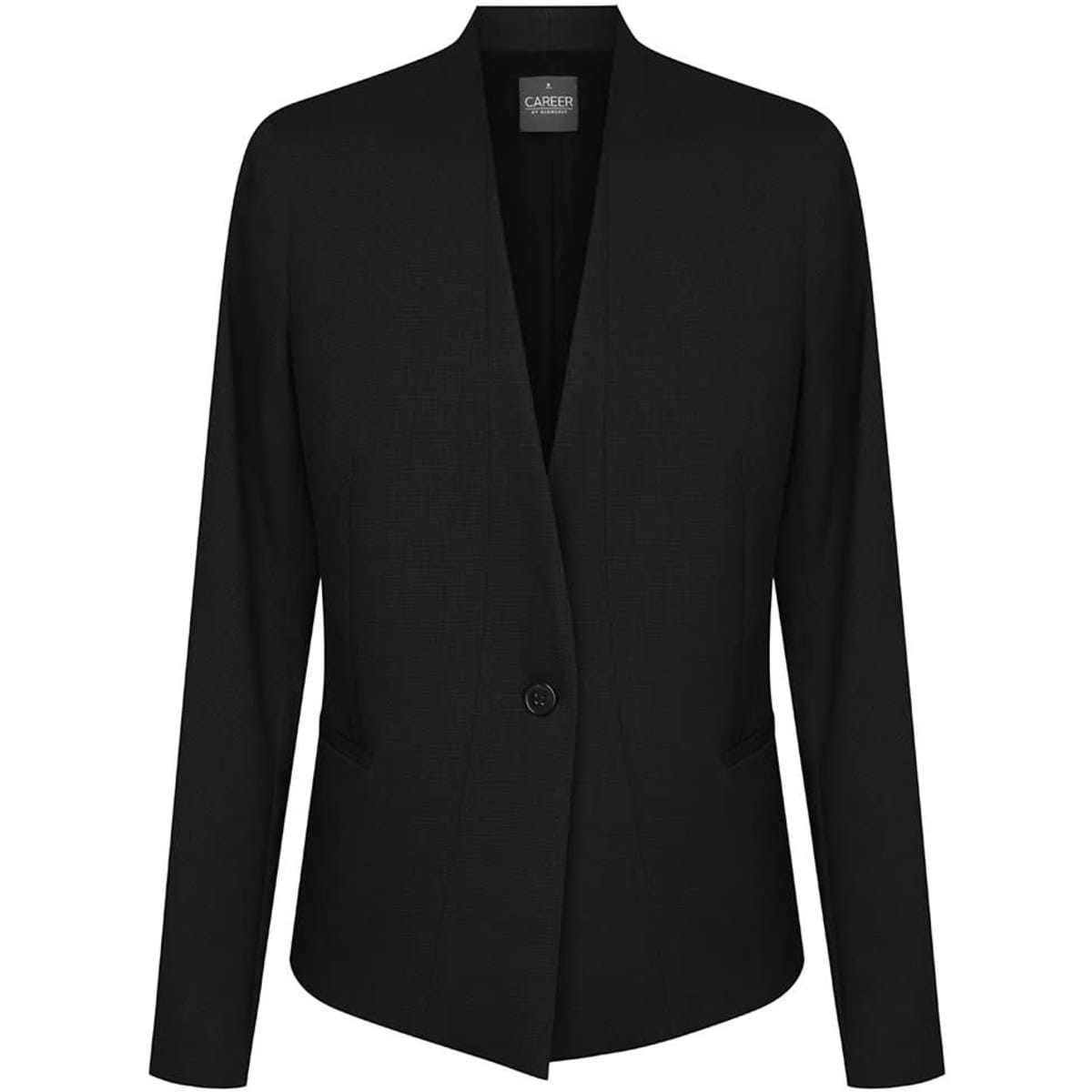 A black cardigan jacket featuring a single button closure and a tailored silhouette, with pockets on the front.