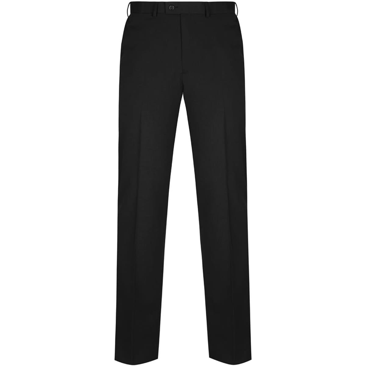 Black slacks with a classic cut, featuring a waistband and a logo on the back.