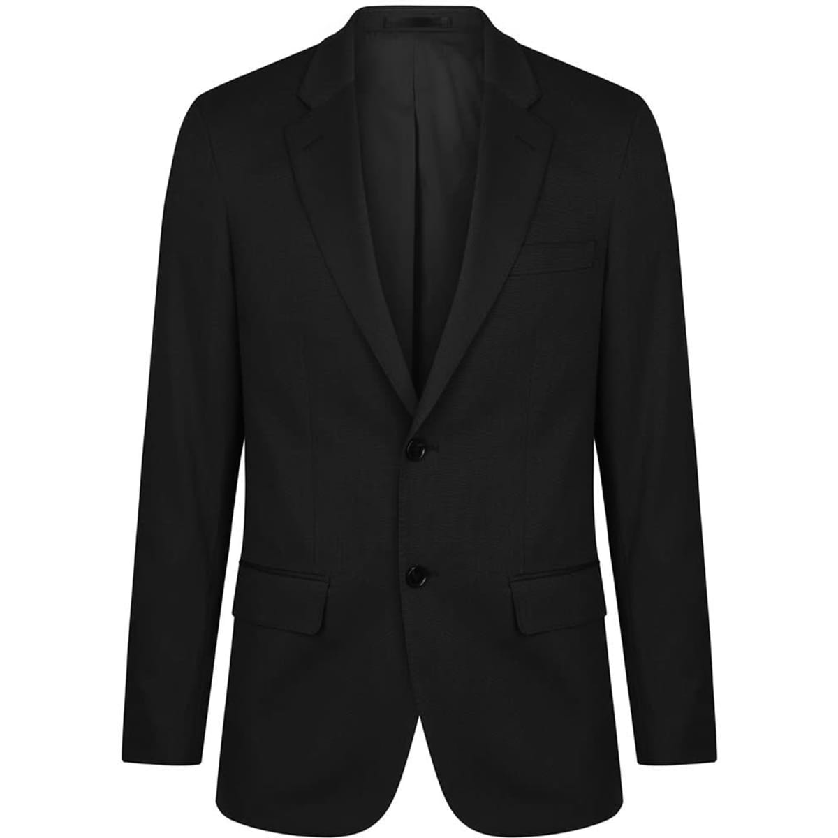 A black Elliot Jacket featuring a classic blazer design and two front pockets. It has a logo present.