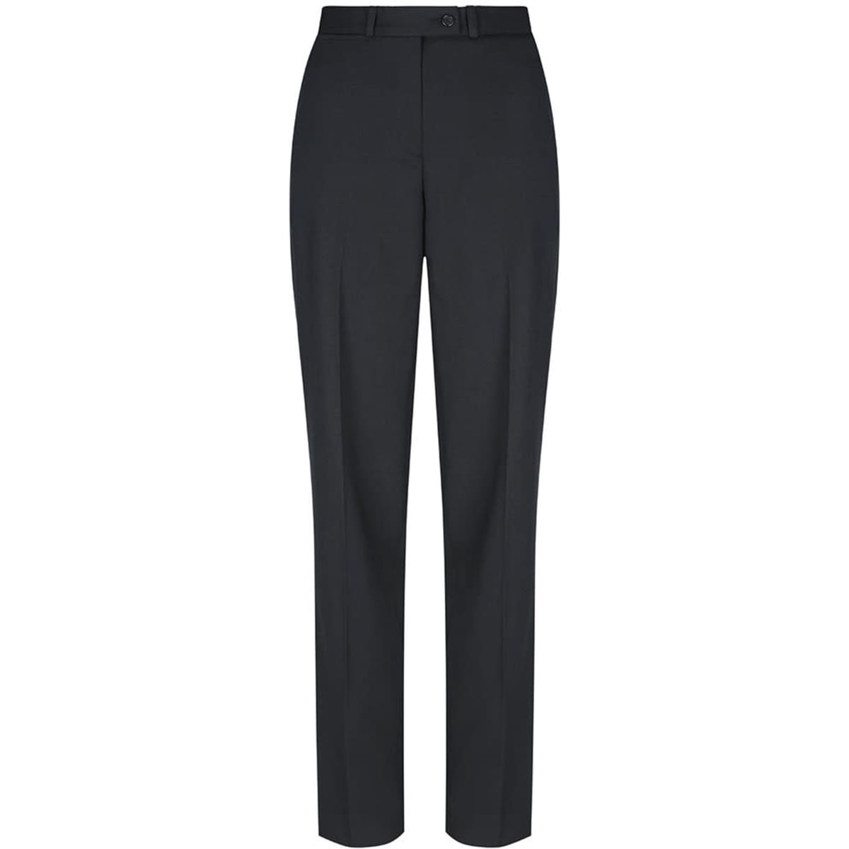 A pair of black trousers with a straight-leg cut and a fitted waistband, featuring belt loops and a button closure.