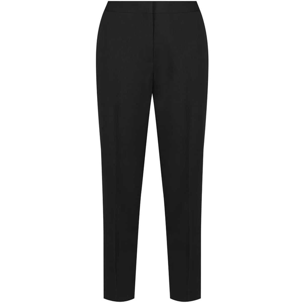 A pair of black 7/8 length pants with a tailored fit and a sleek design. The pants feature a waistband and no visible logos.
