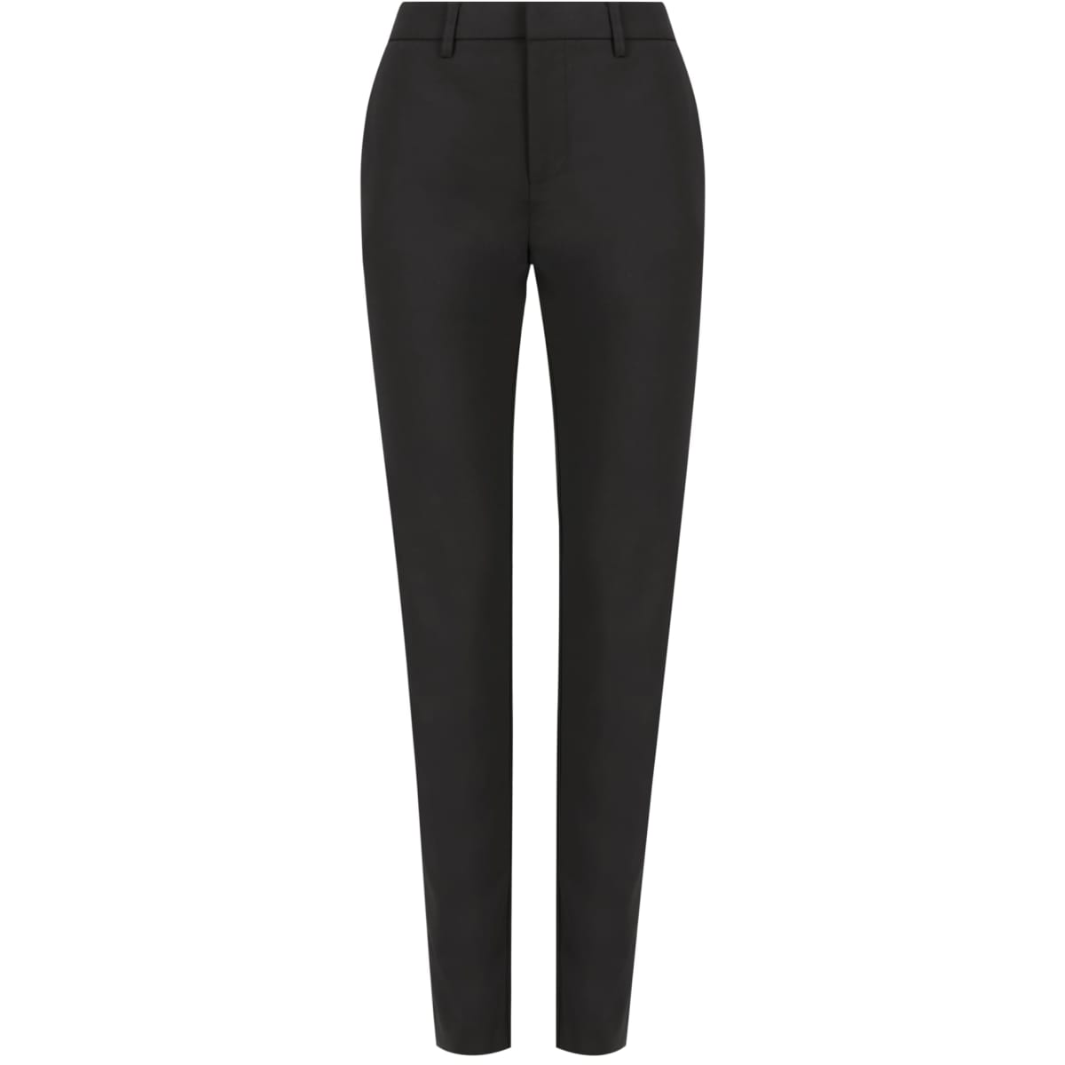 A pair of black trousers with a slim fit and elastic back. The item includes a logo.