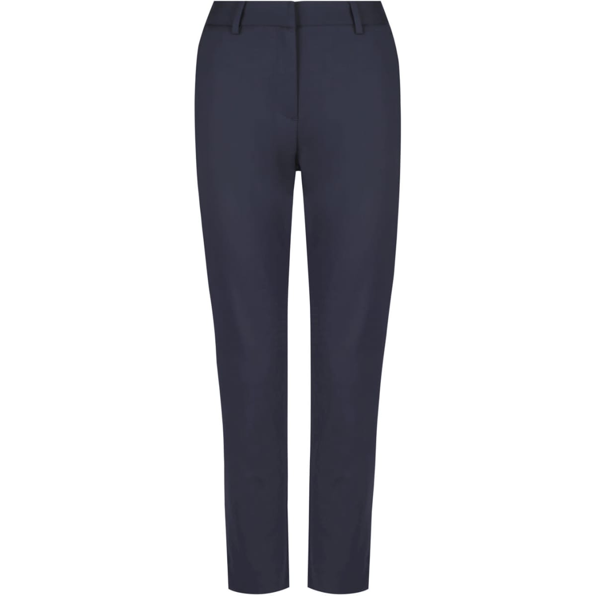 A pair of navy 7/8 length pants featuring a tailored design and a logo on the waistband.