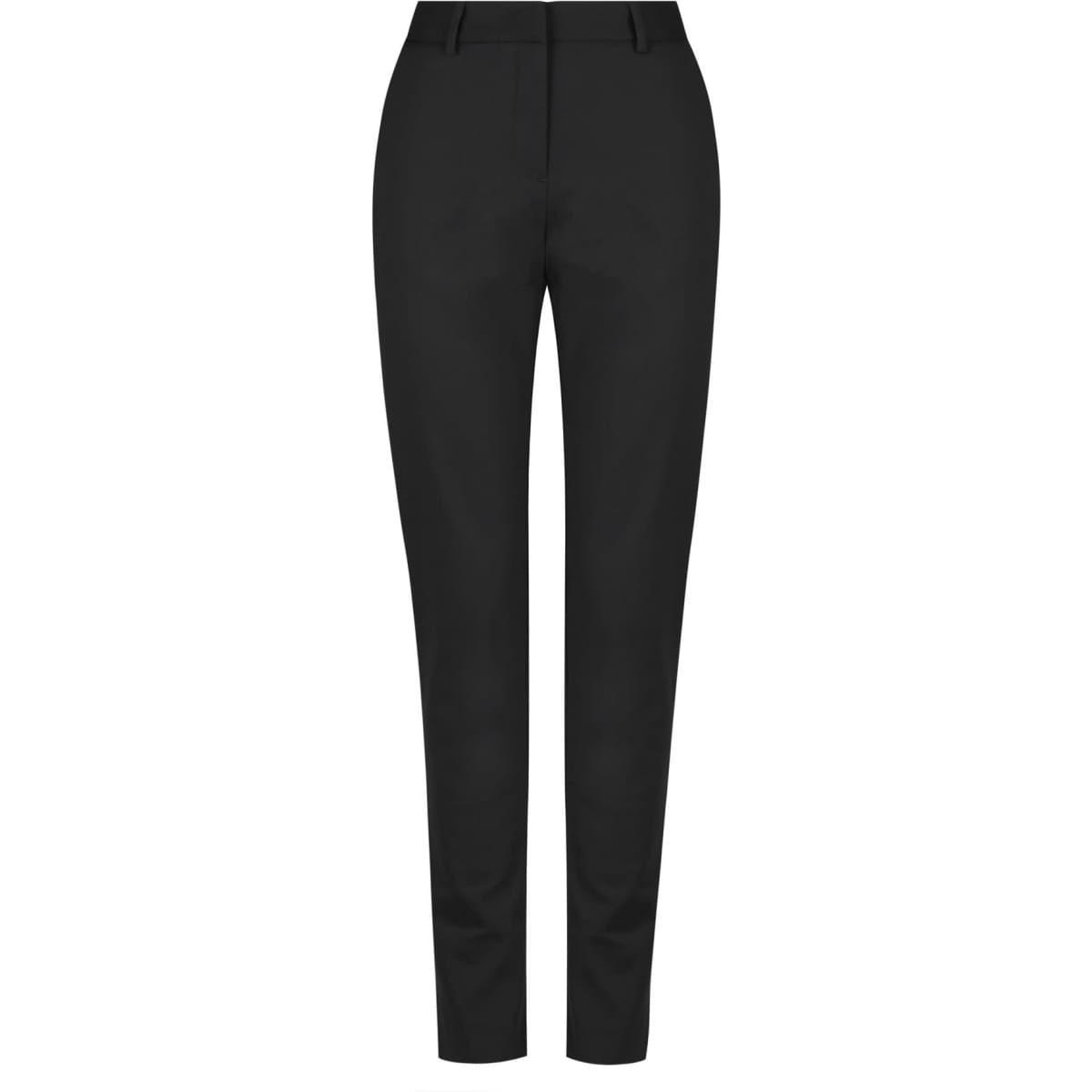 A pair of full-length black pants with a fitted design and a subtle branding logo.