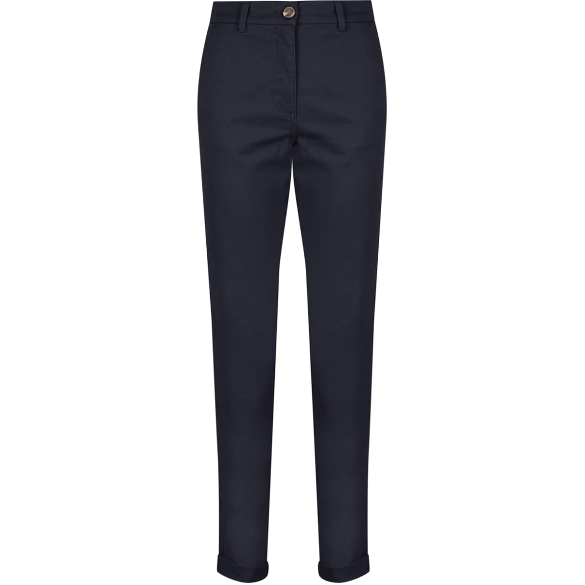 Navy blue chinos with a button closure and rolled cuffs, featuring a small logo.