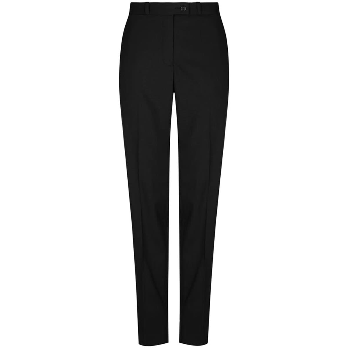 A pair of black slim leg slacks with a button closure and a waistband, featuring a logo.