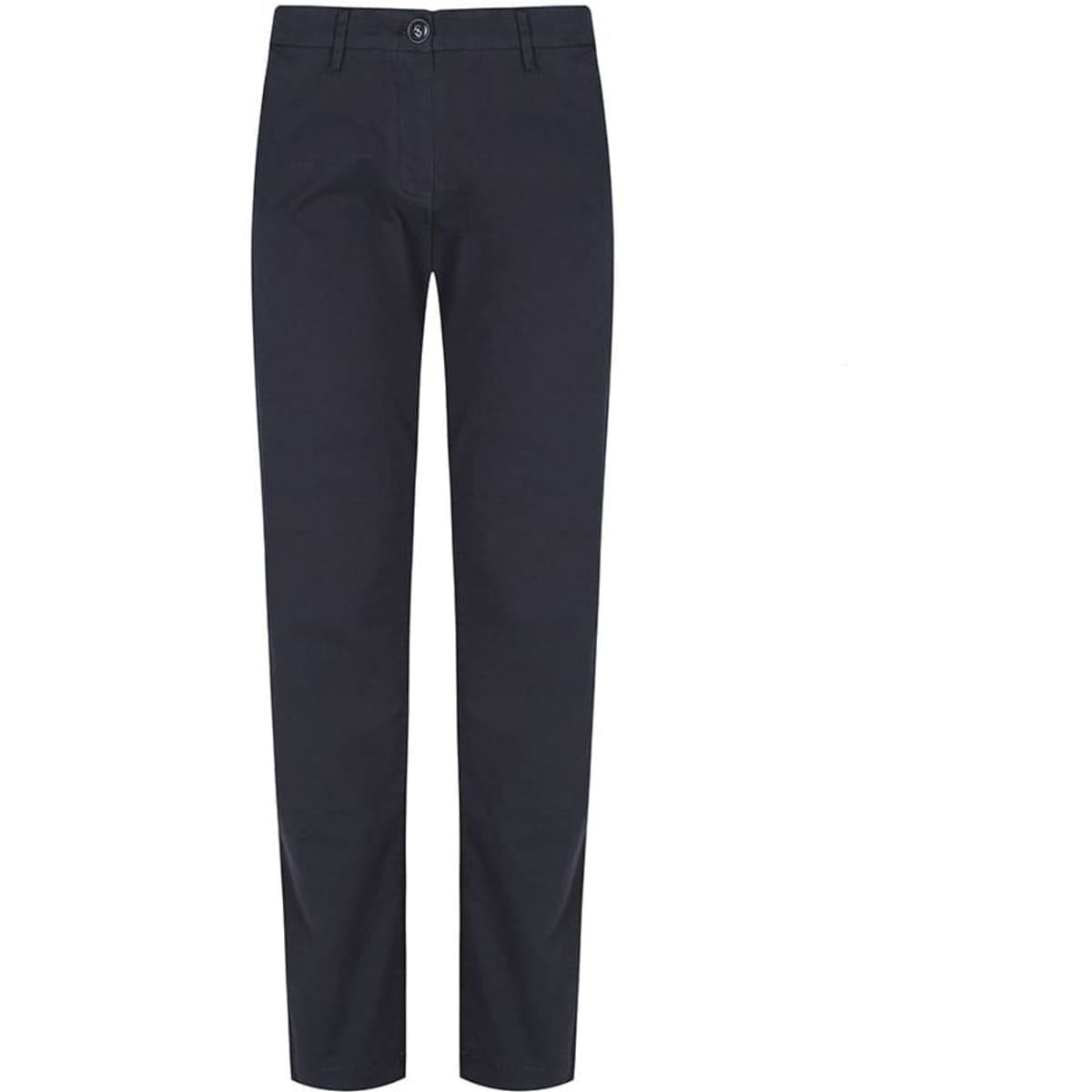 A pair of black chinos with a button and logo on the waistband, featuring straight legs and pockets.