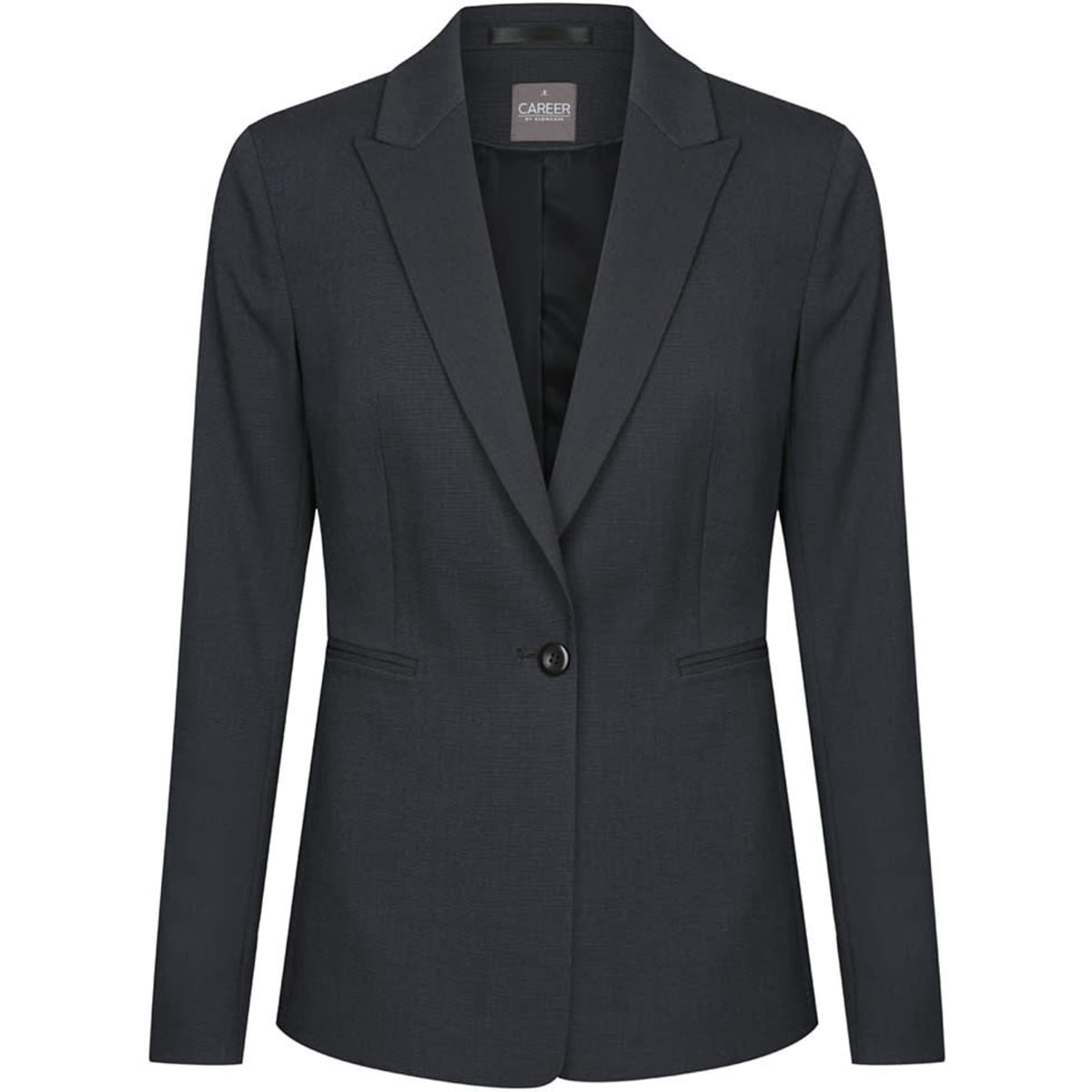 A dark grey blazer with a single button closure and a lapel collar, featuring a logo inside.