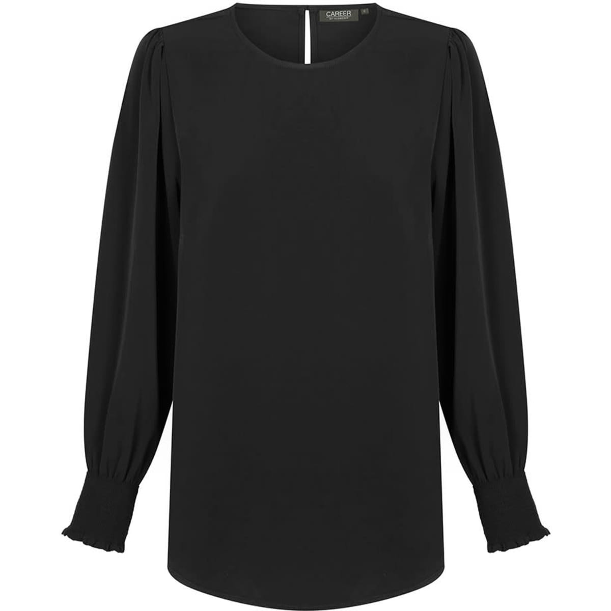 A black blouse with a round neckline, puffed long sleeves, and shirred cuffs. It features a keyhole detail at the back.