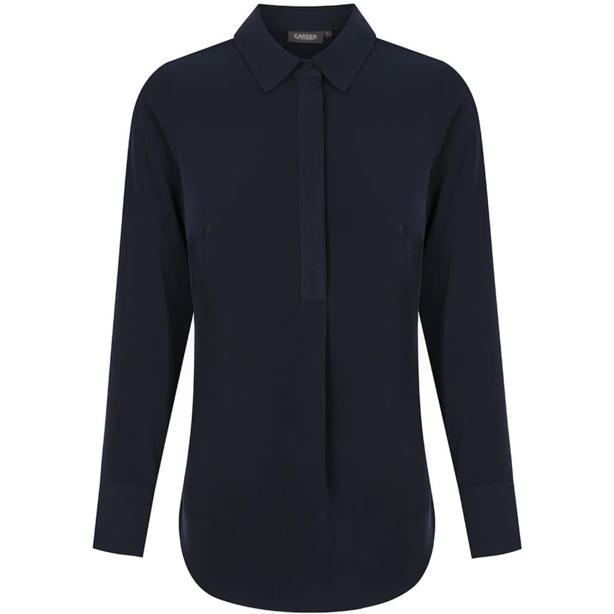 A navy blue shirt featuring a half placket and long sleeves, with a collar and a logo on the label.