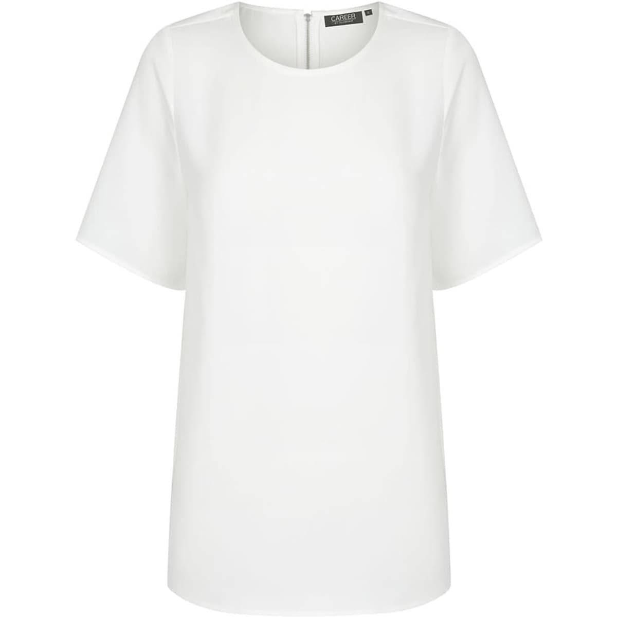 A white short sleeve shirt with a round neckline and a rear zip. Features a small logo.