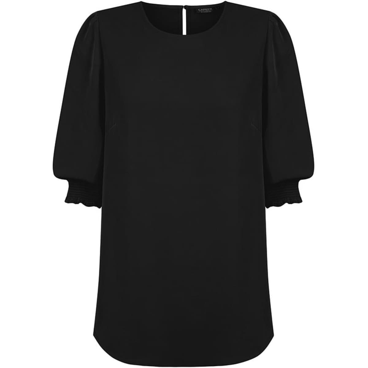 A black blouse featuring short shirred cuffs and a keyhole back detail. The garment has a relaxed fit.