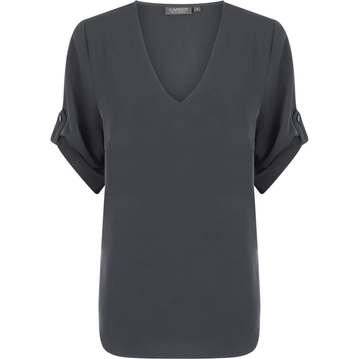 A dark grey v-neck shirt with rolled sleeves and a small branding logo.