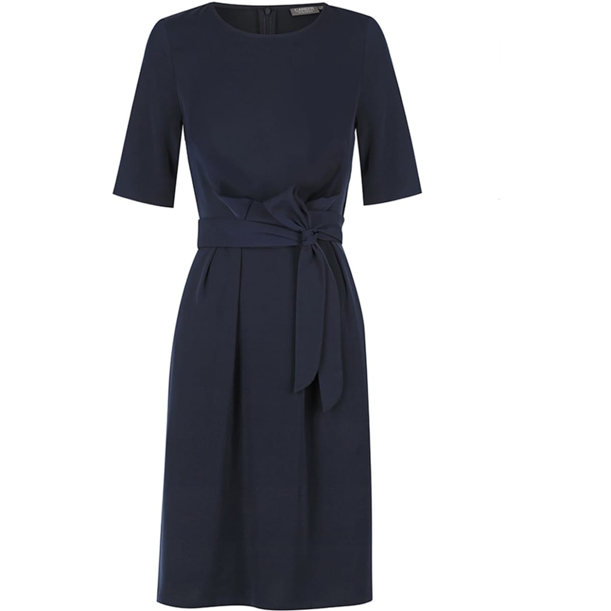 A navy dress with short sleeves, a fitted bodice, and a tied waist detail, featuring a logo.
