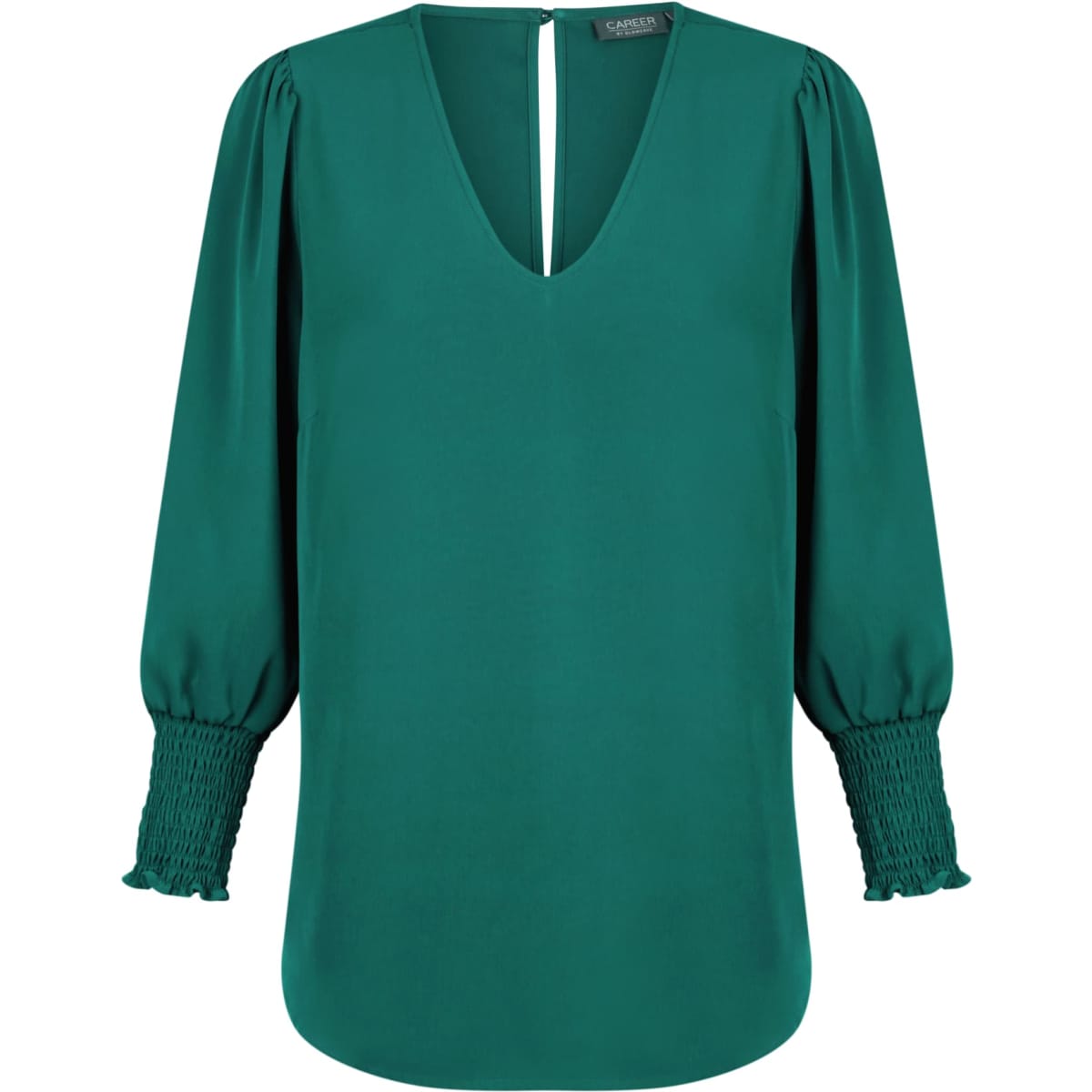 A green Cleo V Neck shirt featuring a v-shaped neckline and puffed sleeves with smocked detailing at the cuffs.