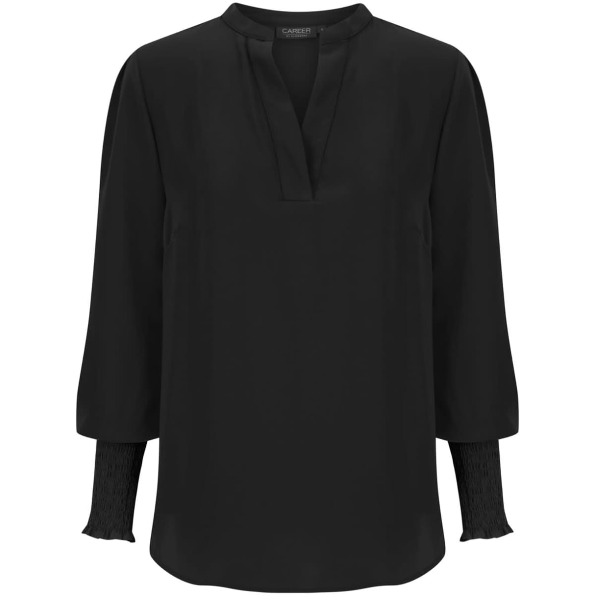 A black long sleeve top with a slight v-neck and textured cuffs. The top features a subtle, elegant design and has a logo.