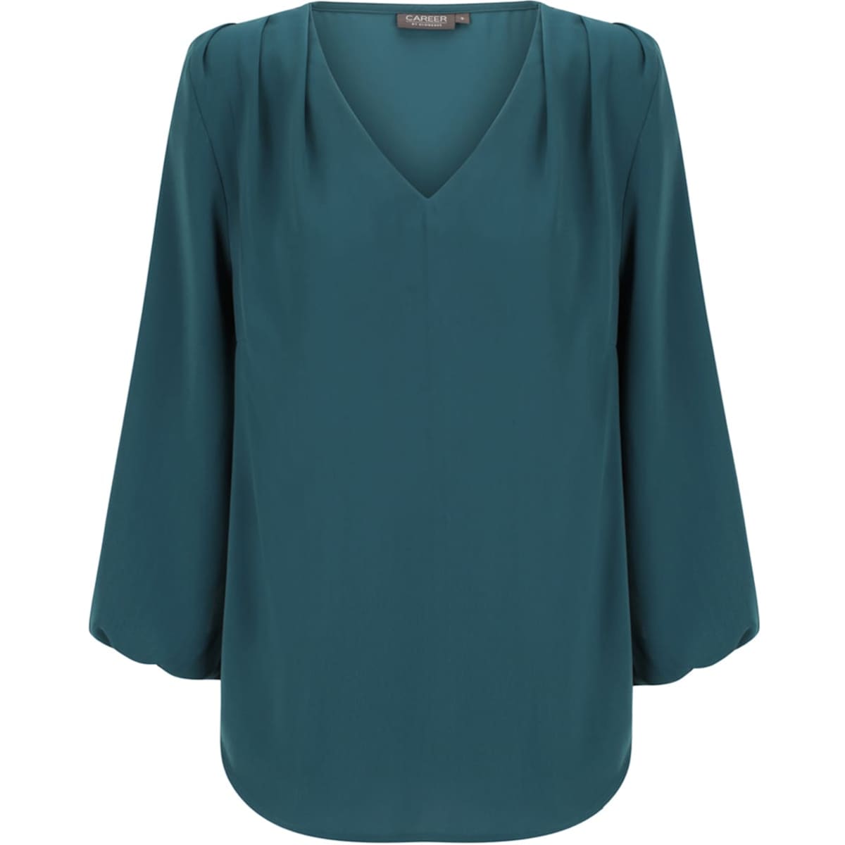 A teal V-neck popover shirt with three-quarter bell sleeves and pleated details, featuring a logo tag.