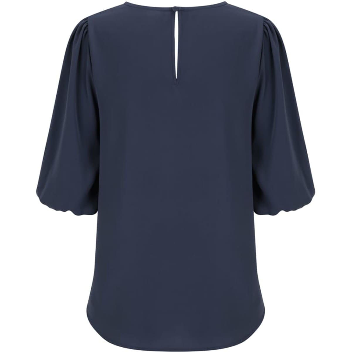 A dark navy puff sleeve top featuring a keyhole back detail and a smooth fabric finish. The top has an understated design.